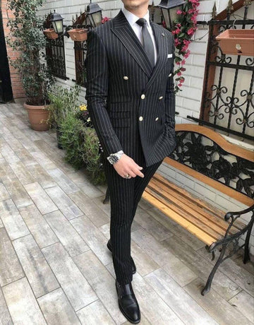 Classic Black Stripe Double-Breasted Suit Slim Fit, Groom & Groomsmen