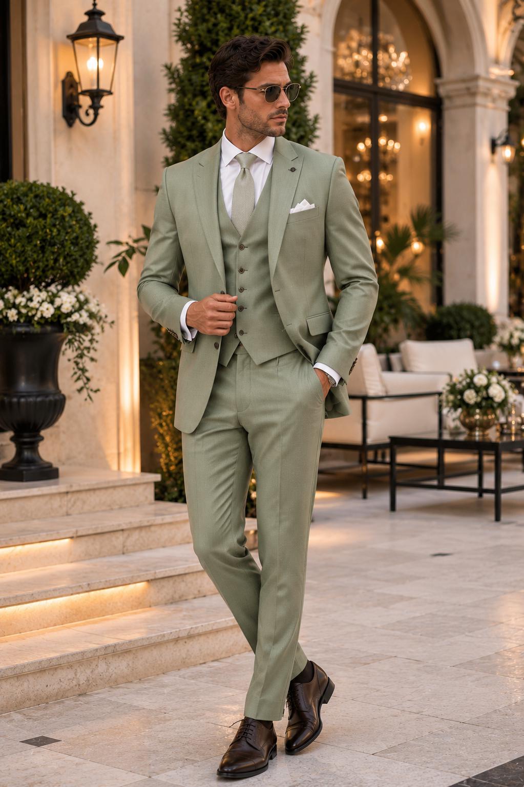 Sage Green Groom Suit | Handmade 3 Piece Wedding Attire | Luxury Tailored Vest Blazer Pants | Modern Men Outfit