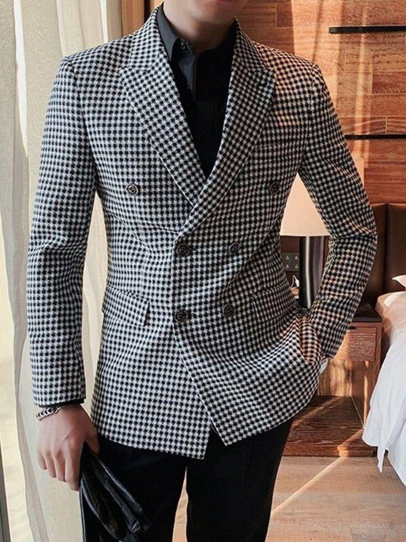 Class Slim Fit Houndstooth Double-Breasted Suit Groom & Groomsmen