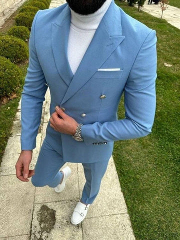 Classic Slim Fit Blue Two Piece Double-Breasted Suit For Men Partywear & Grooms