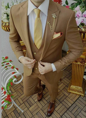 Classic Brown/Golden 3pc Suit For Men Wedding, Grooms & Groomsman