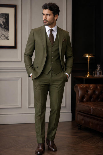 Olive Green Rayon 3pc Suit For Men Wedding, Prom, Grooms & Groomsman