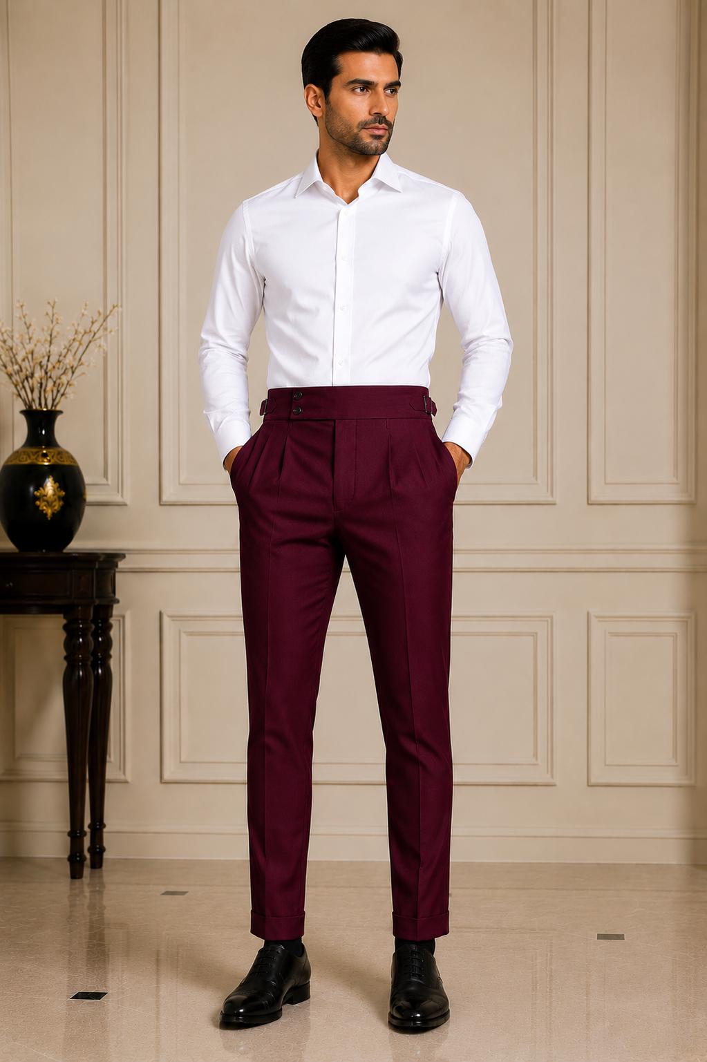 Classic Wine Gorkha Trousers – Men's High Waist Custom Tailored Formal Pants