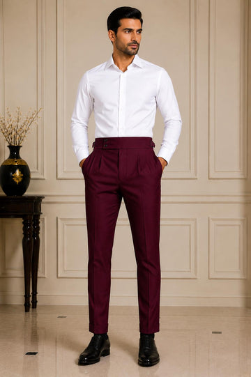 Classic Wine Gorkha Trousers – Men's High Waist Custom Tailored Formal Pants