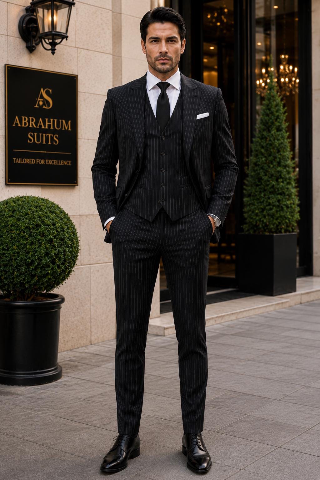 Black Pinstripe Mens 3 Piece Suit Wedding Groom Suit Custom Tailored Slim Fit Business Formal Tuxedo