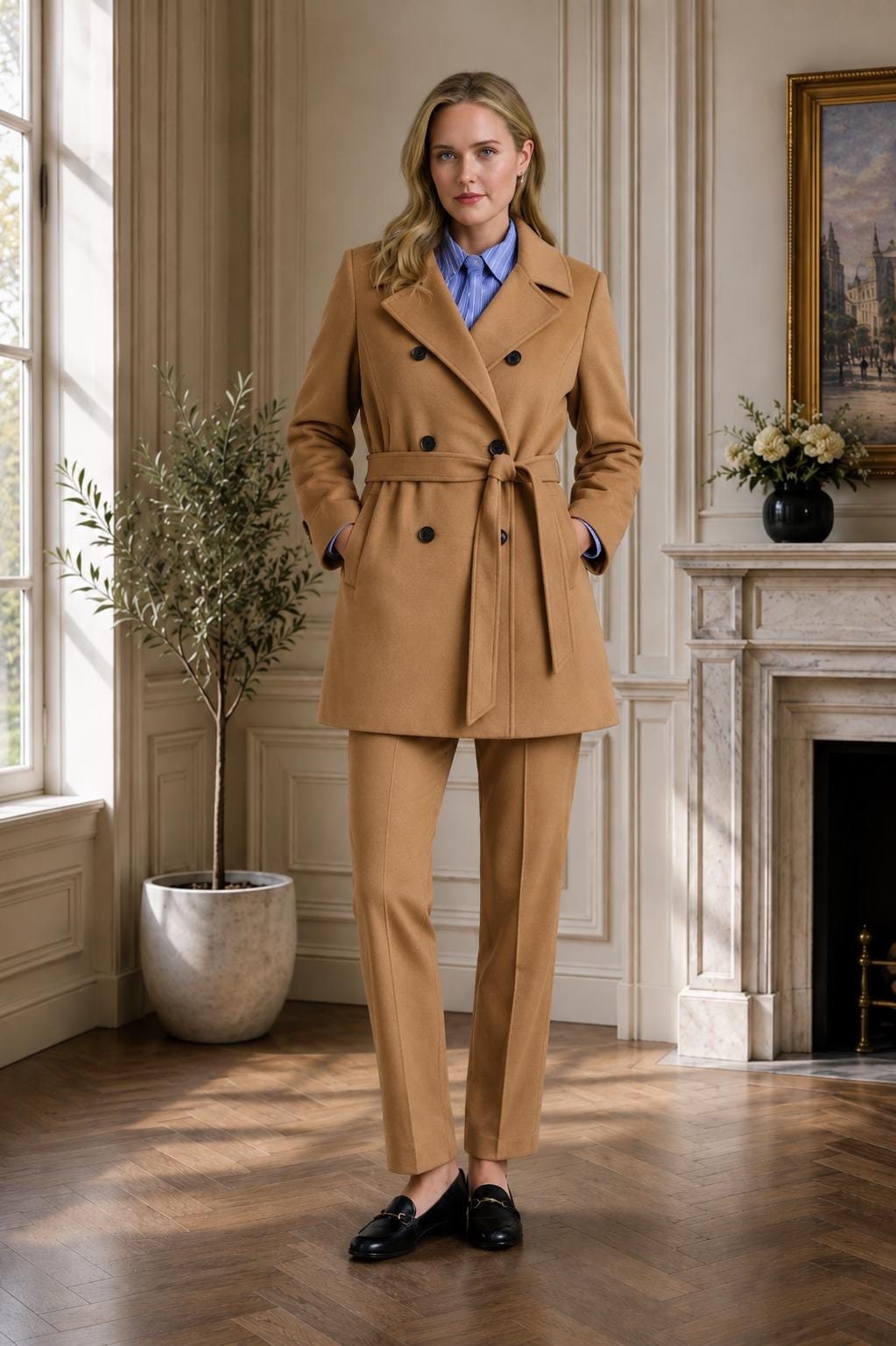 Camel Wool Double Breasted Belted Coat – Elegant Long Winter Jacket
