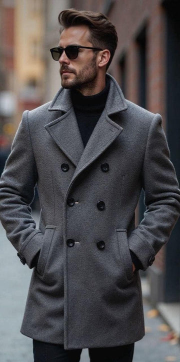 Classic Grey tweed Slim Fit Trench Long Coat For Men Wedding, Partywear Grooms & Groomsman