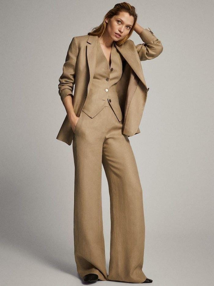 Classic Slim Fit Beige 3pc Suit For Women Partywear, Formal & Business wear.