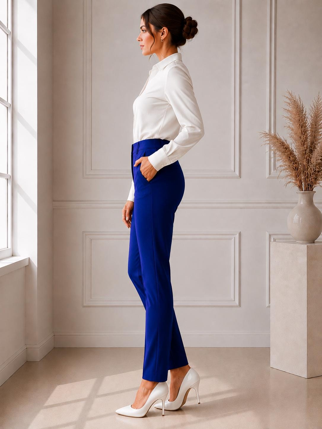 Women's Tailored High Waist Trousers, Minimalist Office Work Pants