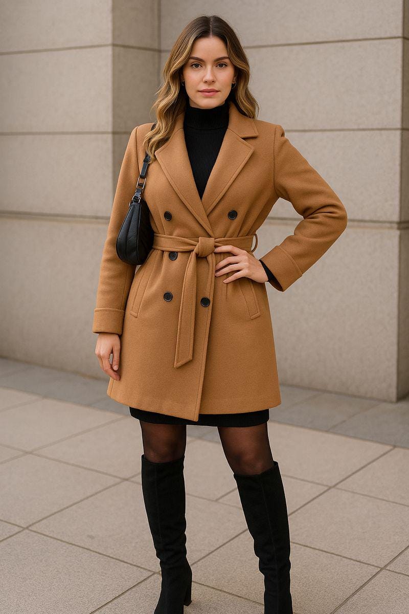 Classic Camel Women Trench Coat Tweed wool winter wear, partywear, office wear