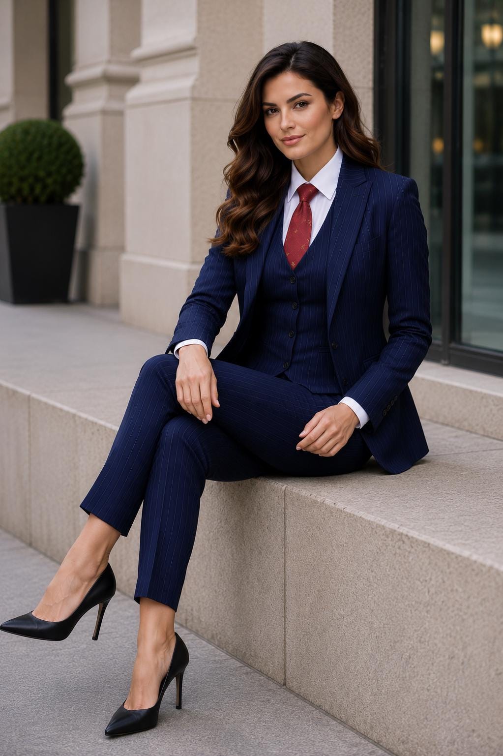 Classic Slim Fit Navy Stripe 3pc Suit For Women Partywear, Formal & Business wear.