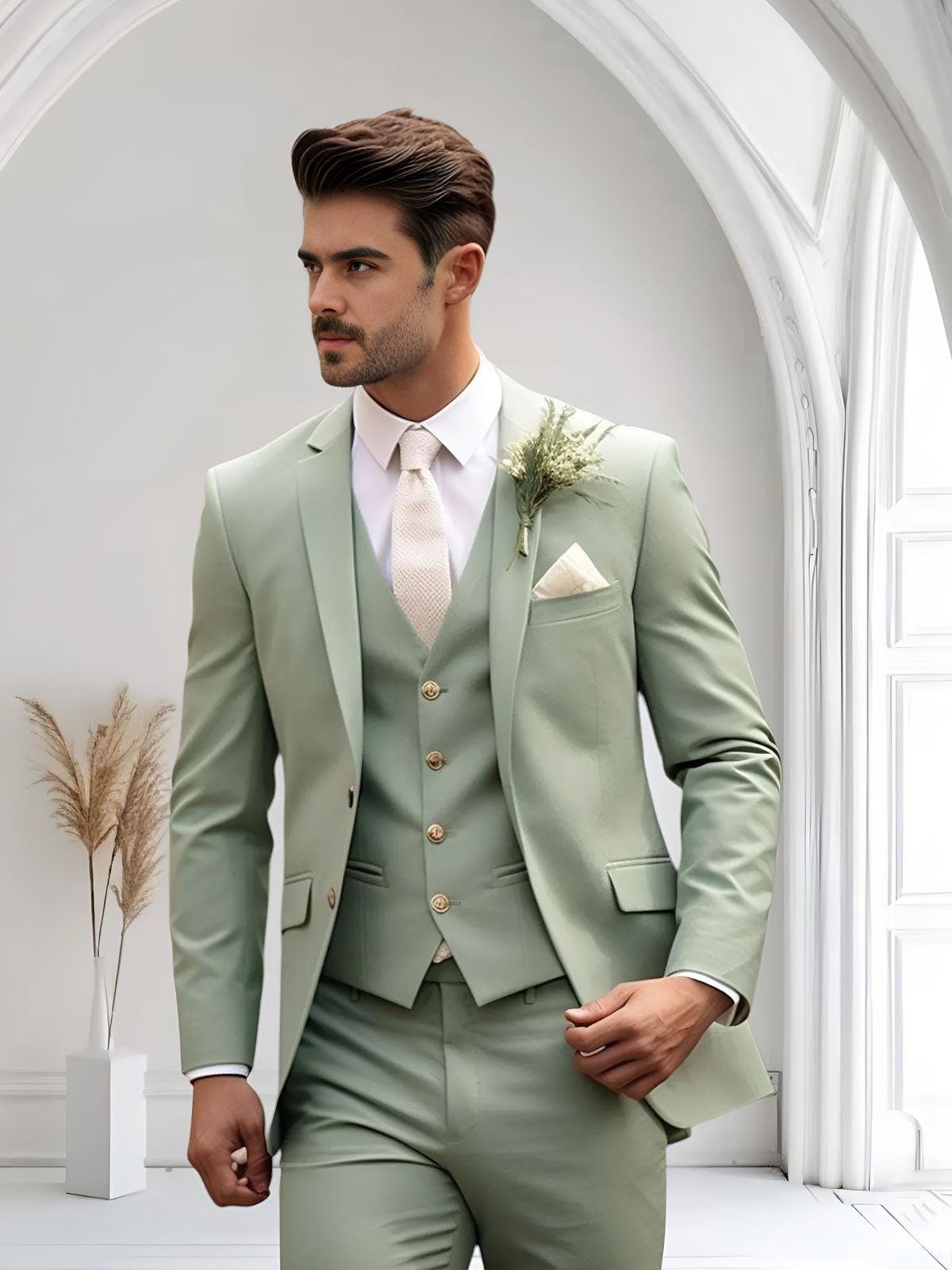 Sage Green 3pc Suit For Men Wedding, Grooms & Groomsman, Gift for him