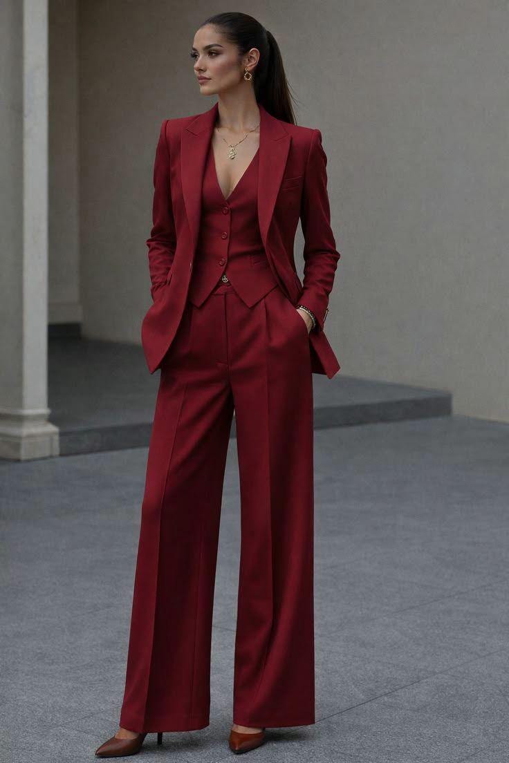 Ruby Red 3-Piece Suit For Women Partywear, Office Wear and weddings
