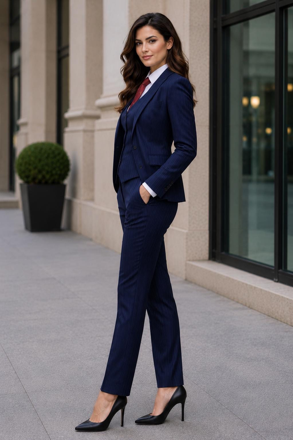Classic Slim Fit Navy Stripe 3pc Suit For Women Partywear, Formal & Business wear.