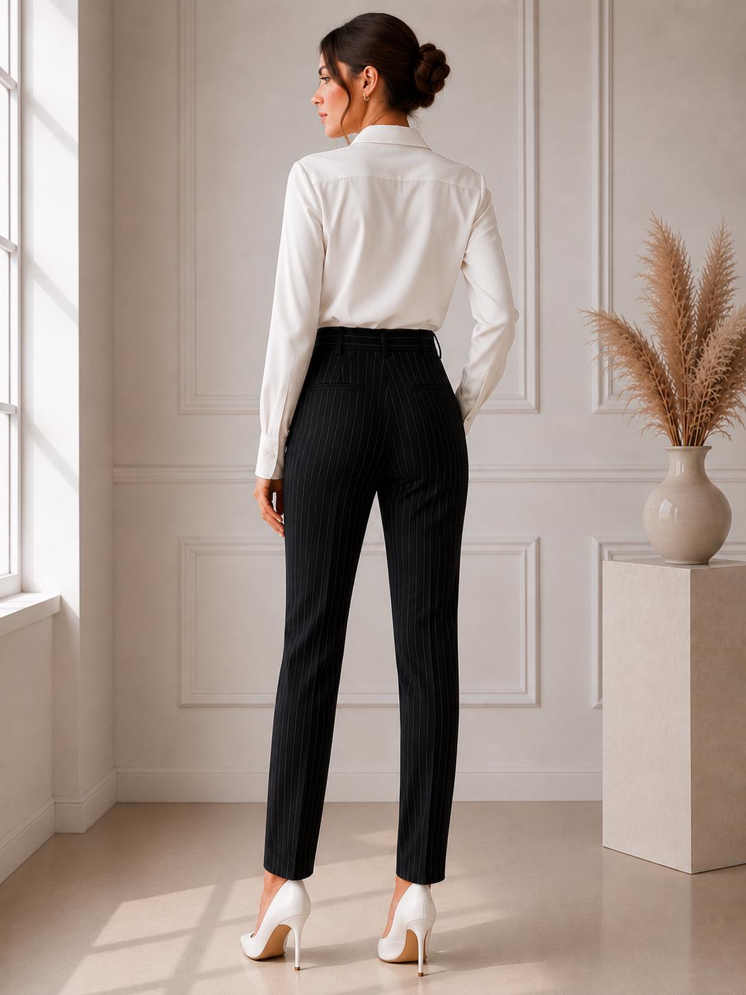 Black Stripe Women Tailored Trousers, High Waist Minimalist Office Wear, partywear