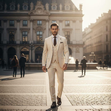 Classic Rayon Beige 3pc Suit For Men Wedding, Partywear, Grooms & Groomsman