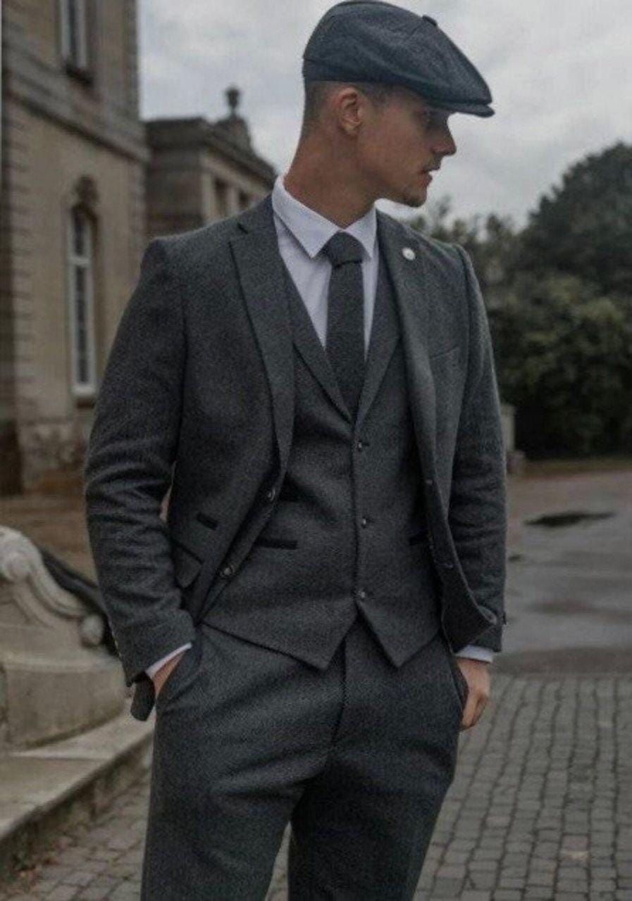 Classic Grey Tweed 3pc Suit For Men Wedding, Grooms & Groomsman