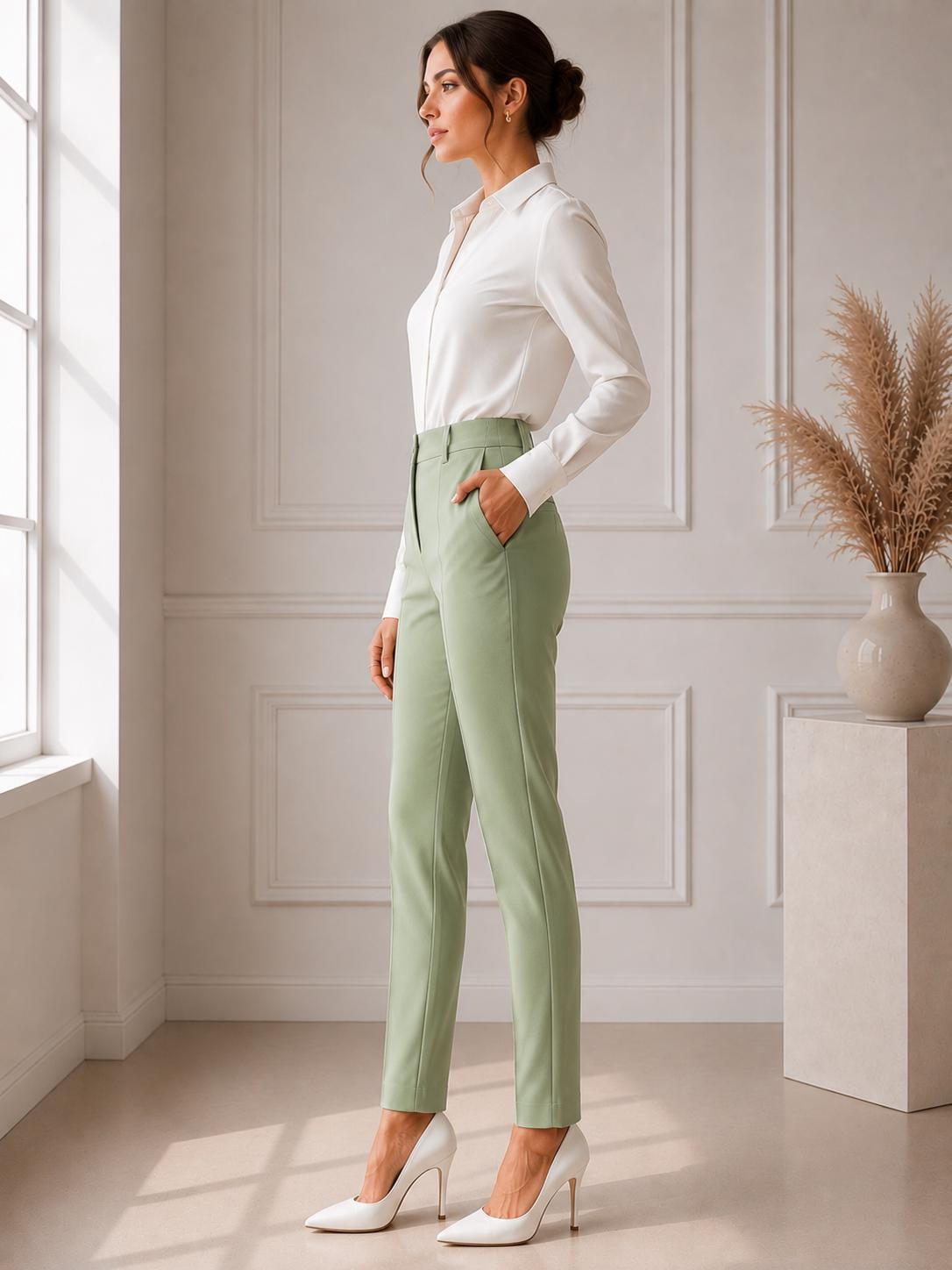 Sage Green Women Tailored Trousers, High Waist Minimalist Office Wear, partywear