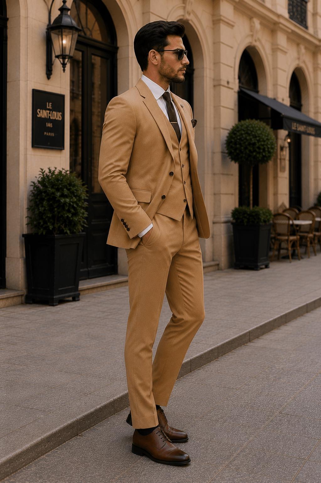 Camel 3-Piece Men's Suit | Luxury Wedding Groom Formal Outfit