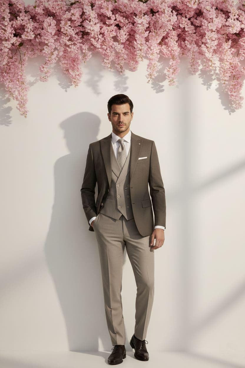 Brown and Beige Combination 3pc Suit For Men Wedding, Prom, Grooms & Groomsman
