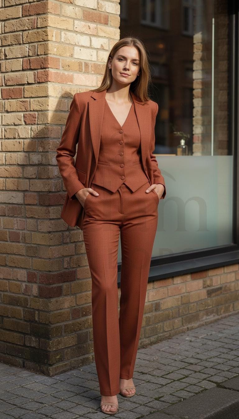 Classic Slim Fit Rust 3pc Suit For Women Partywear, Formal & Business wear.