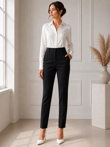 Black Stripe Women Tailored Trousers, High Waist Minimalist Office Wear, partywear