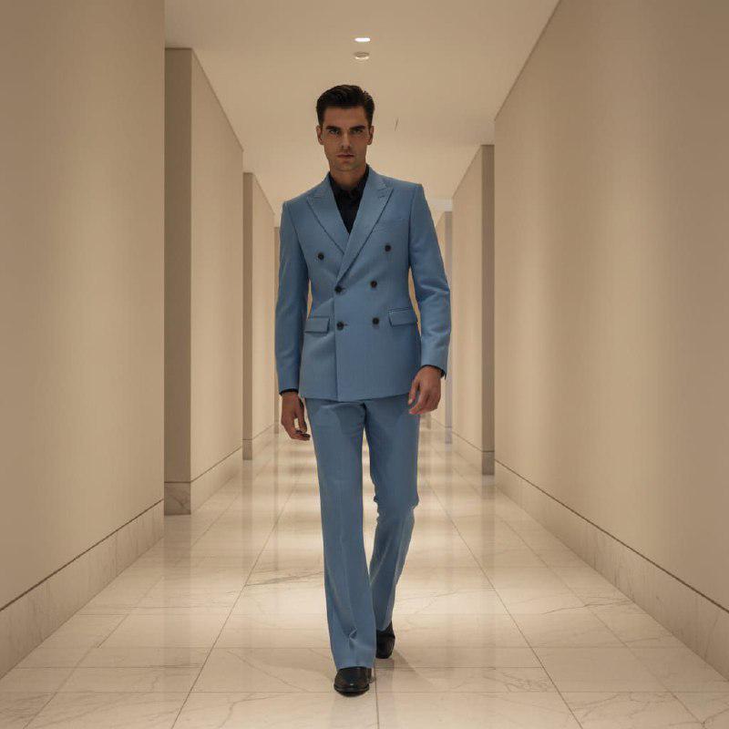 Class Slim Fit Sky Blue Double-Breasted Suit Groom & Groomsmen