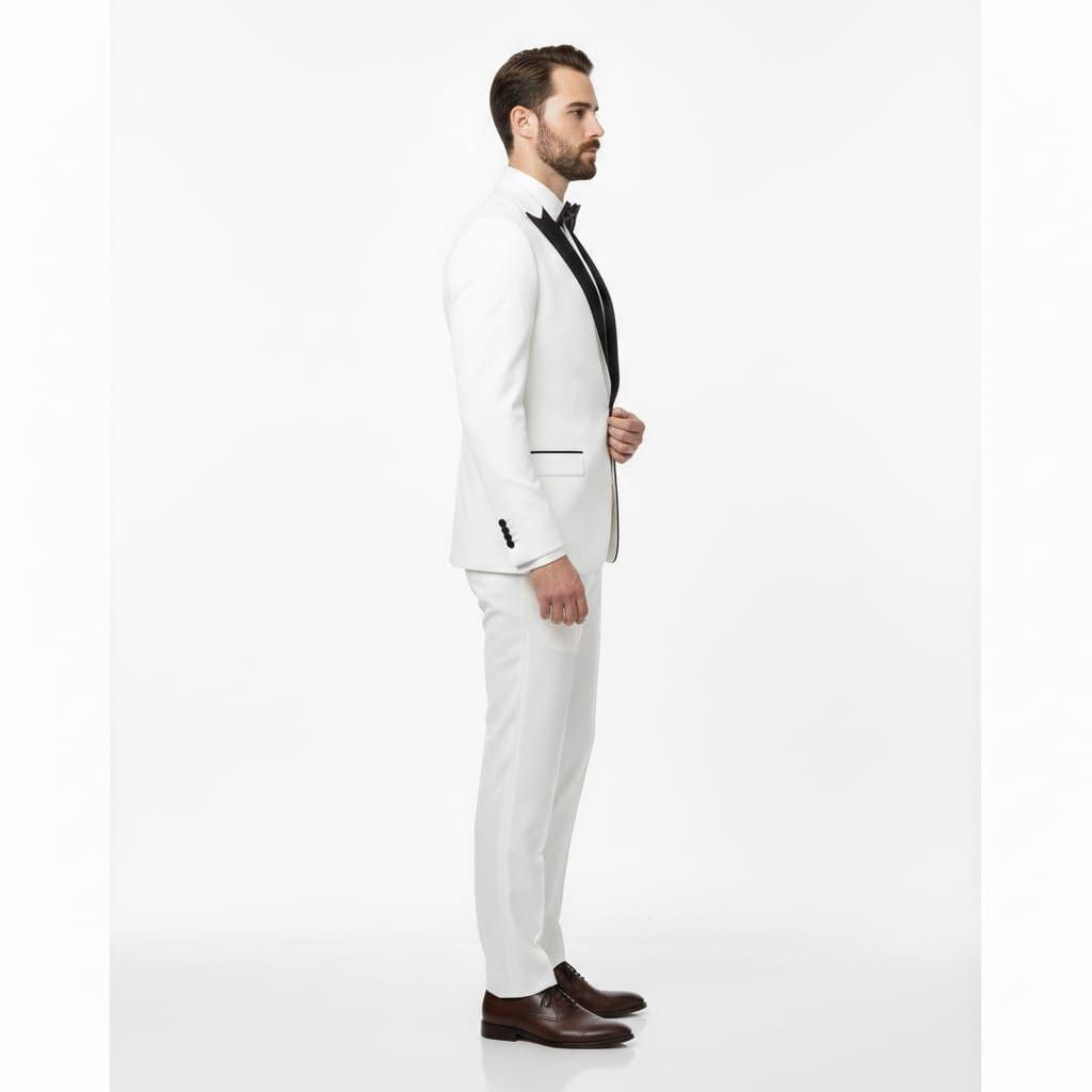 White Tuxedo Suit, Black Lapel, 2-Piece Wedding Suit