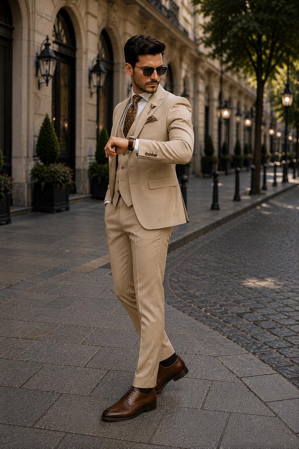 Beige Men's 3-Piece Luxury Wedding Suit, Custom Tailored Blazer, Waistcoat, Pants Formal Gentleman Outfit