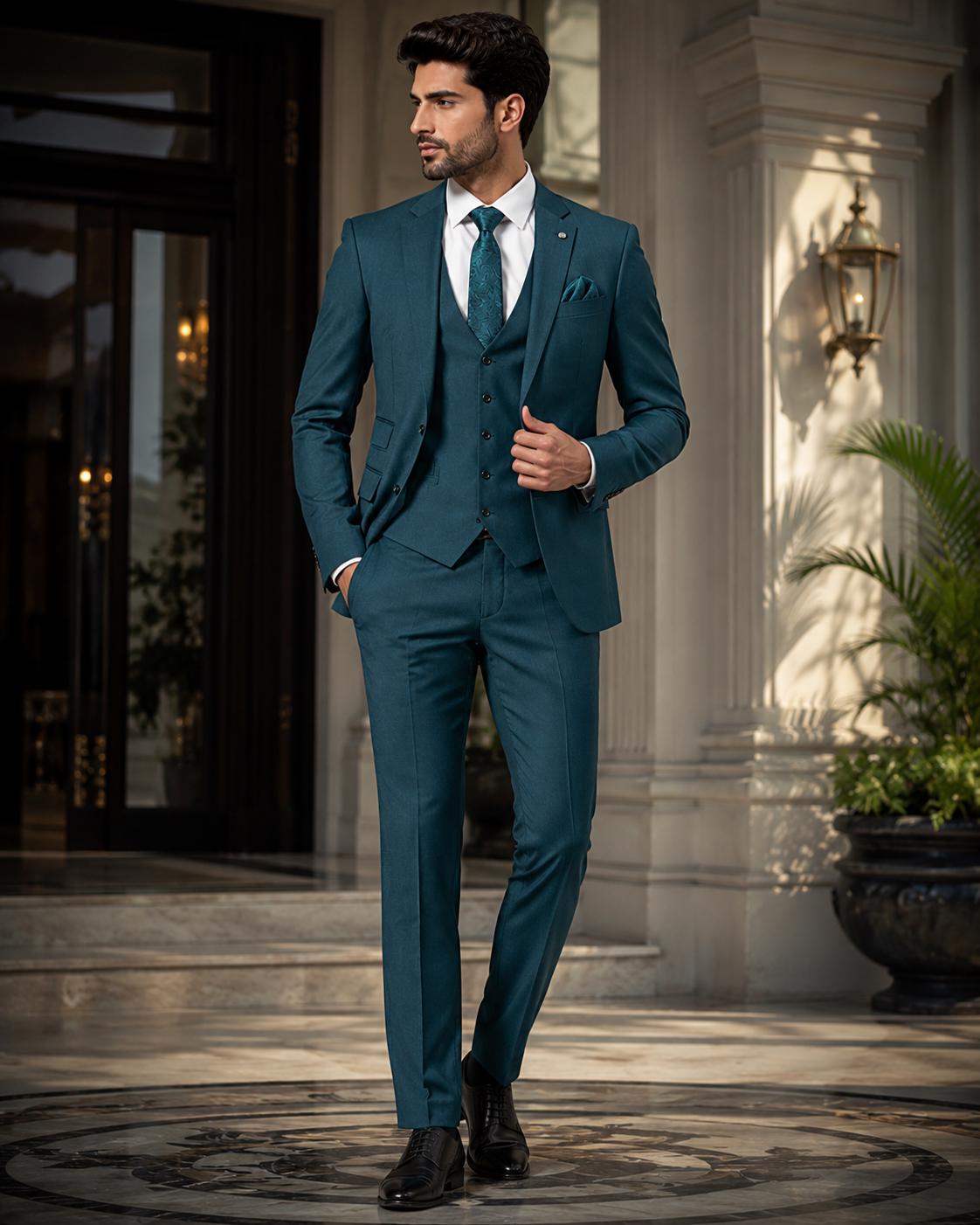 Teal 3 Piece Suit, Custom Tailored Wedding Groom Formal Blazer Vest Pants Set