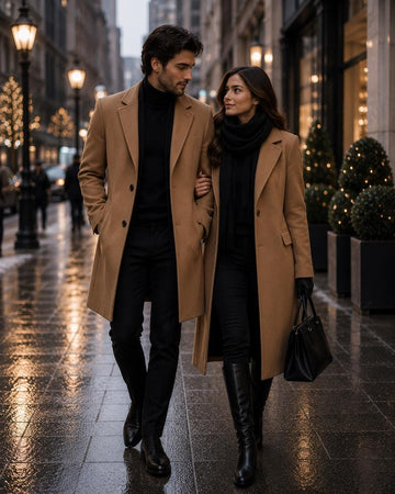 Couple's Long Wool-Blend Coat Set: Elegant Winter Outerwear for Him & Her