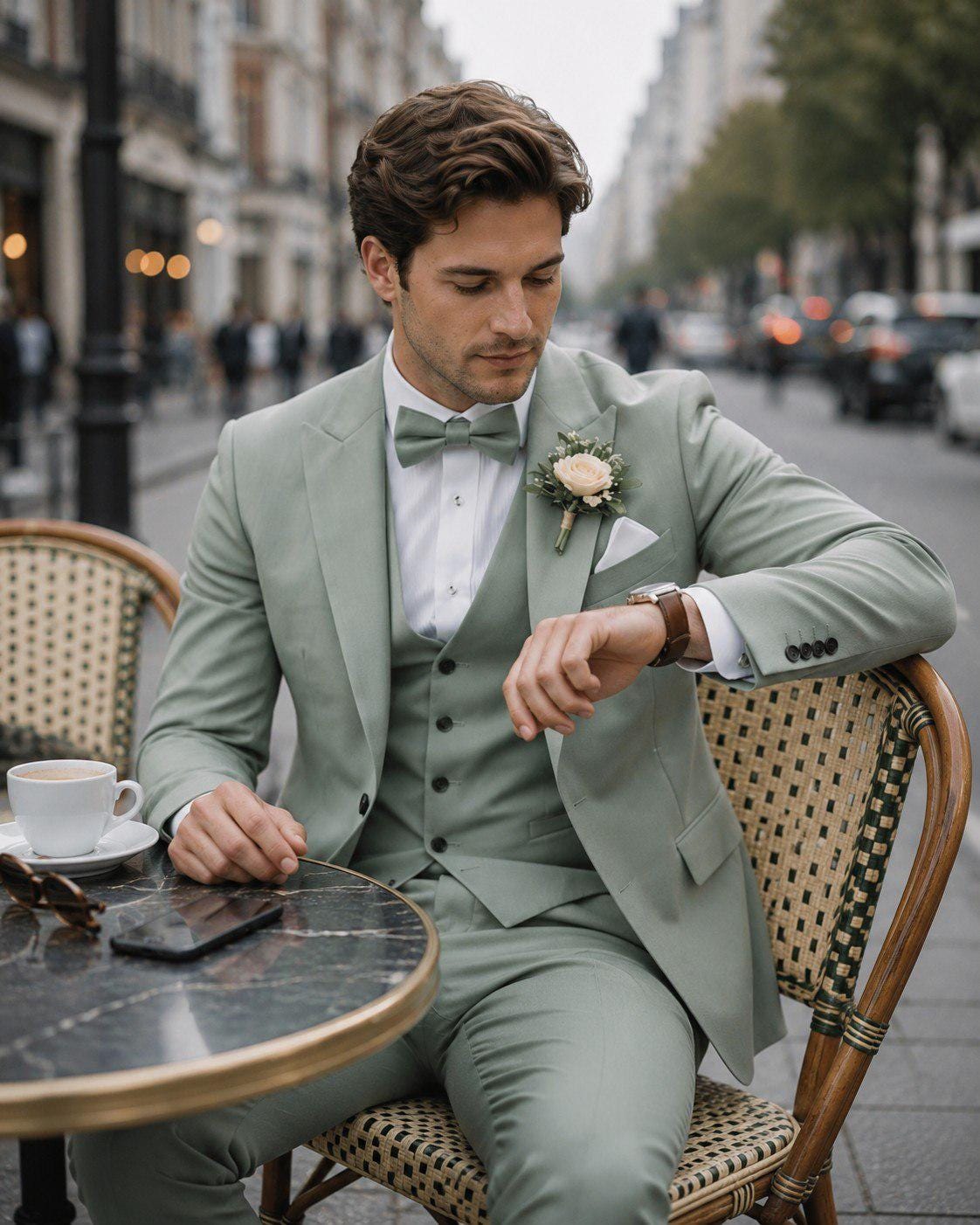 Luxury Sage Green Slim Fit Three Piece Suit For Men Partywear, Wedding, Grooms & Groomsman