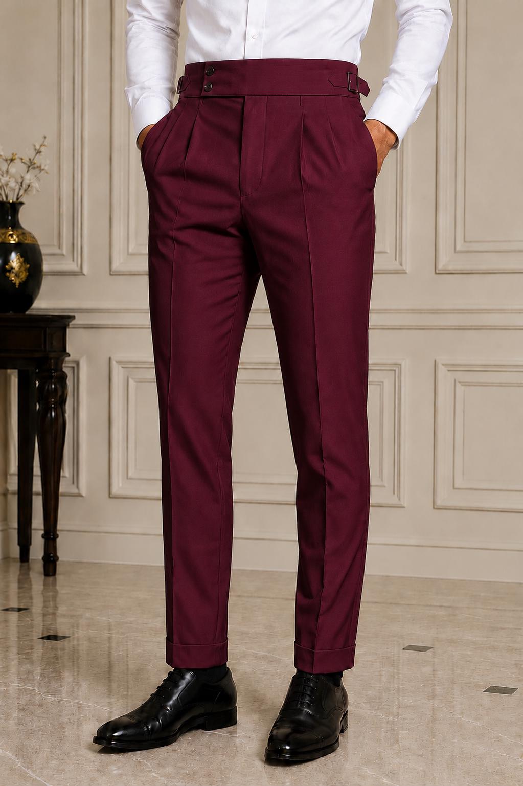 Classic Wine Gorkha Trousers – Men's High Waist Custom Tailored Formal Pants