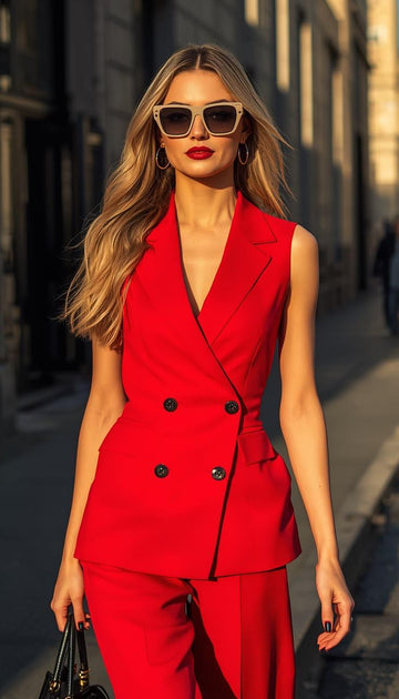 Women's Scarlet Red Vest and Trouser Suit – Elegant, Modern, Tailored Ensemble