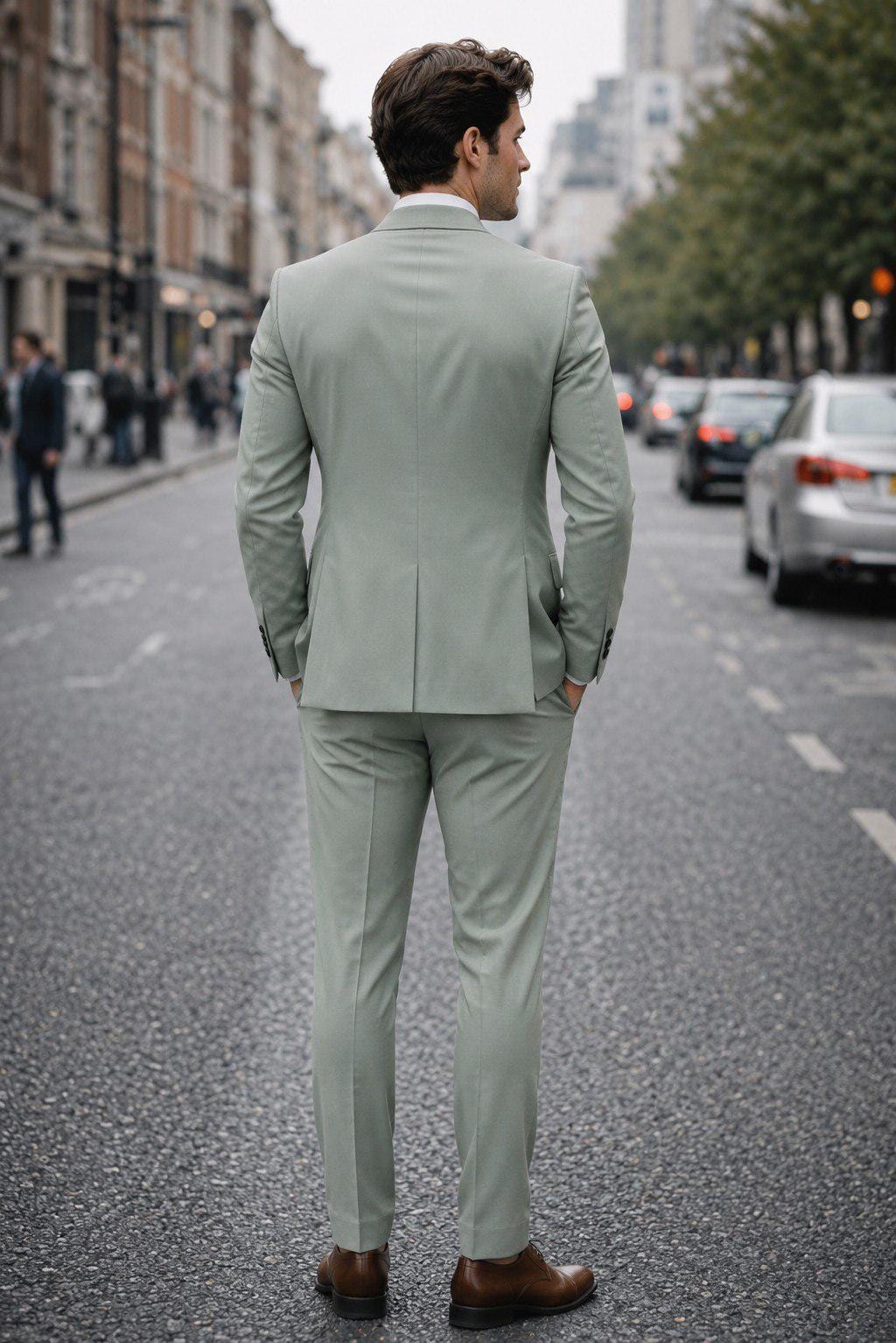 Luxury Sage Green Slim Fit Three Piece Suit For Men Partywear, Wedding, Grooms & Groomsman