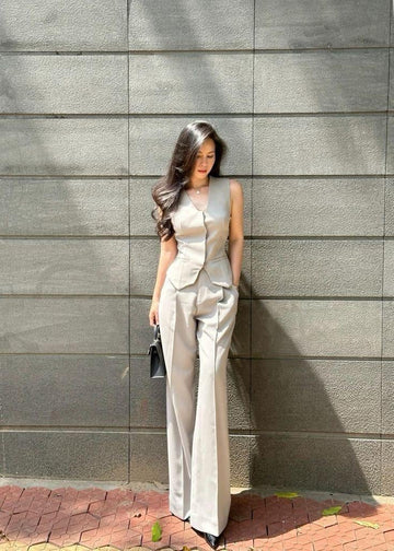 Classic Design Beige Vest & Trouser For Women- Elegant, Modern, Partywear