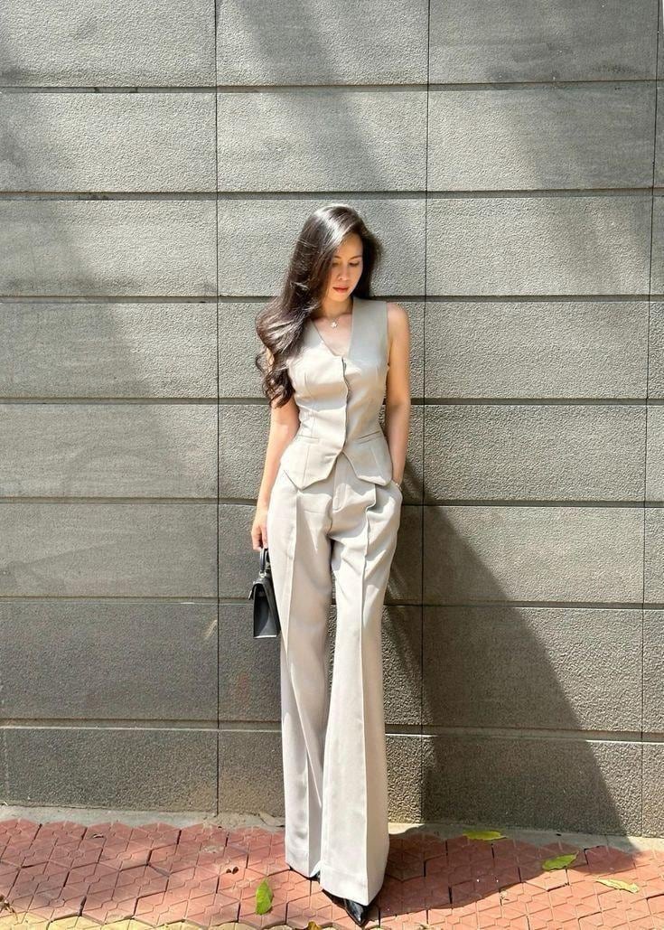 Classic Design Beige Vest & Trouser For Women- Elegant, Modern, Partywear