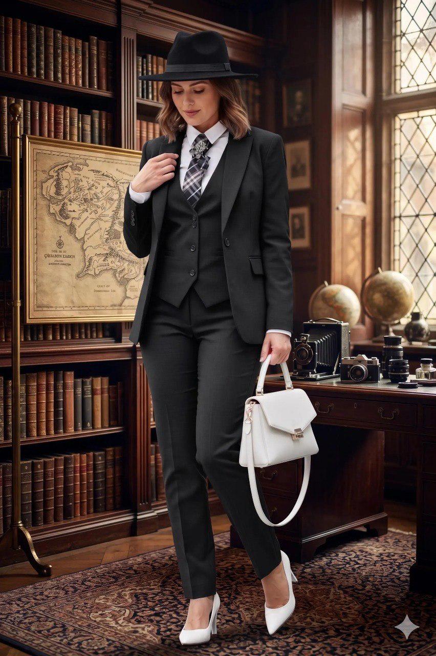 Classic Slim Fit Black 3pc Suit For Women Partywear, Formal & Business wear.