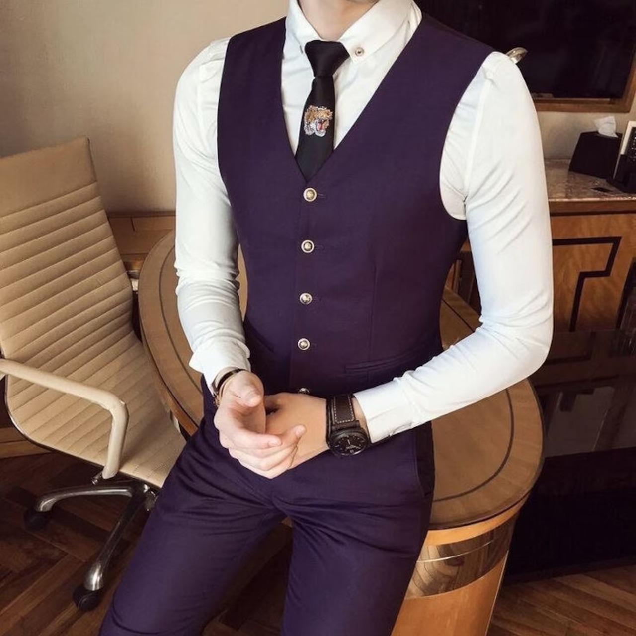 Deep Purple Men's Slim Fit Vest, Formal Suit Waistcoat, Wedding Reception Wear
