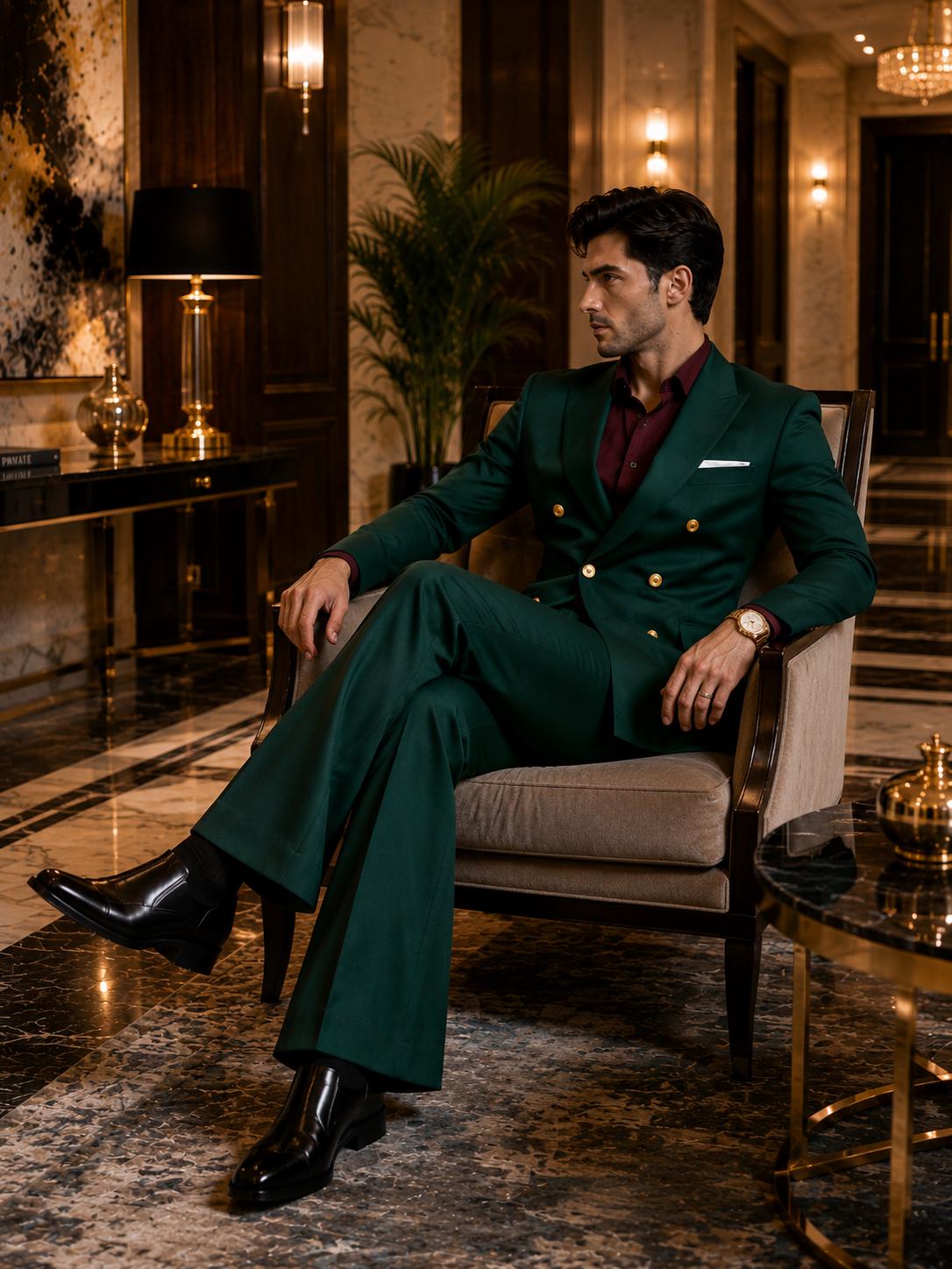 Classic Green Two Piece Designer double breast suit for men partywear, wedding and Grooms