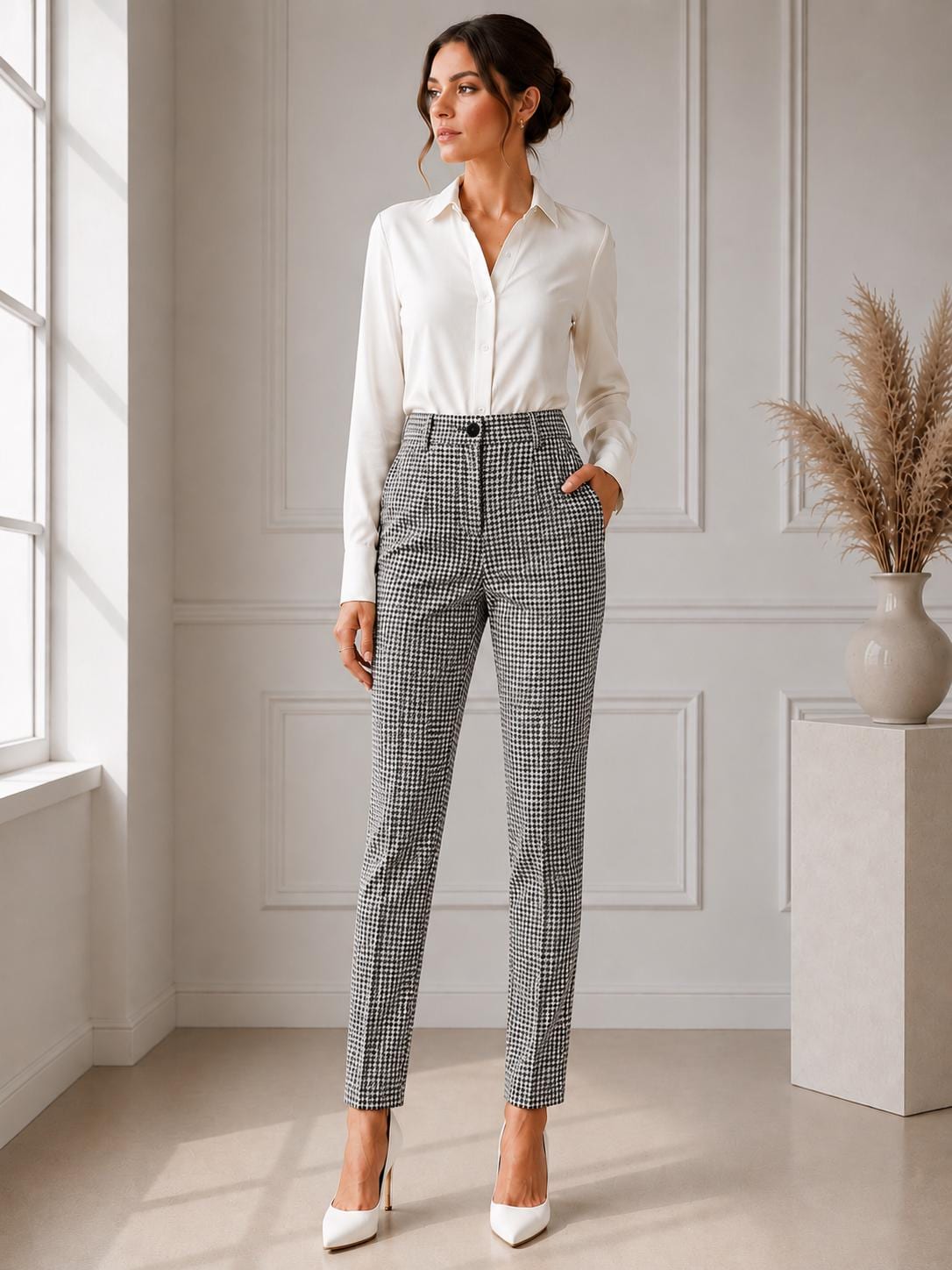 Houndstooth Women Tailored Trousers, High Waist Minimalist Office Wear, partywear
