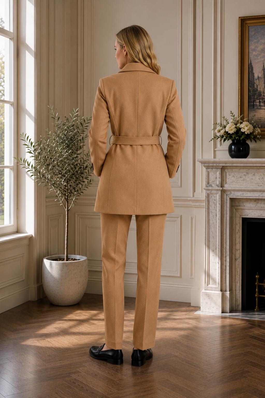 Camel Wool Double Breasted Belted Coat – Elegant Long Winter Jacket