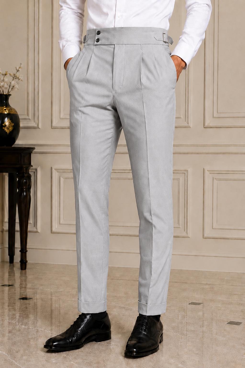 Light Grey Gorkha Trousers – Men's High Waist Custom Tailored Formal Pants