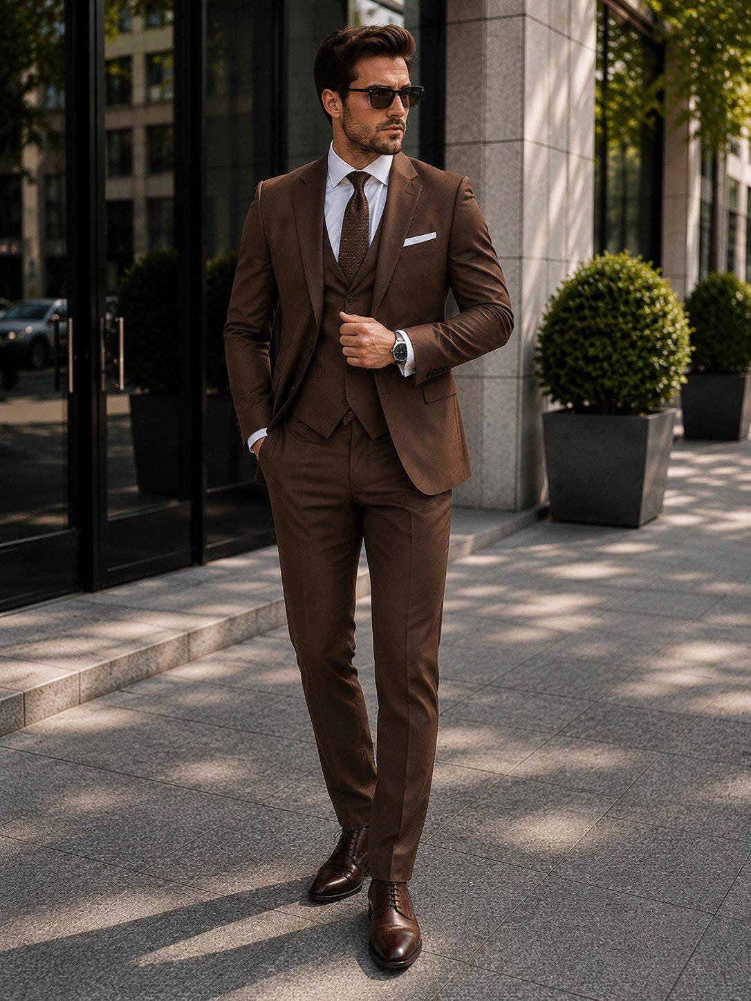 Chocolate Brown Slim Fit Three Piece Suit For Men Partywear, Wedding, Grooms & Groomsman