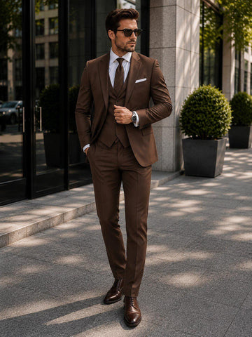 Chocolate Brown Slim Fit Three Piece Suit For Men Partywear, Wedding, Grooms & Groomsman