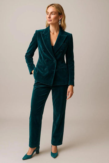Teal Velvet Suit Set – Women’s Double-Breasted Blazer, Straight-Leg Trousers