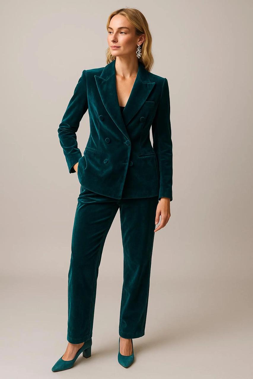 Teal Velvet Suit Set – Women’s Double-Breasted Blazer, Straight-Leg Trousers