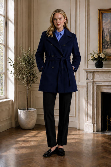 Navy Blue Women Wool Blend Coat, Double Breasted Belted Winter Coat, Handmade Tailored Pea Coat, Luxury Warm Outerwear