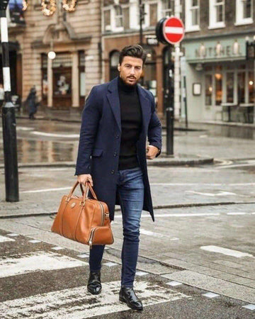 Classic Navy Blue Tweed Trench Long Coat For Men Wedding, Partywear, Grooms & Groomsman