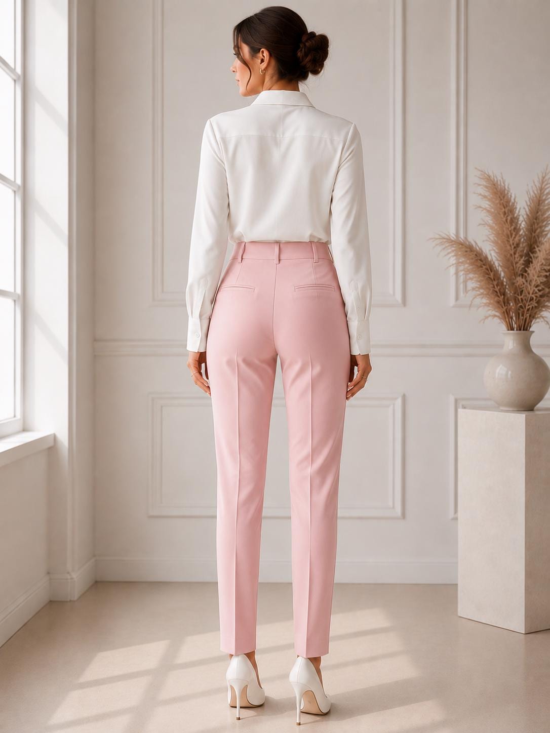 Bubble Pink Women Tailored Trousers, High Waist Minimalist Office Wear, partywear